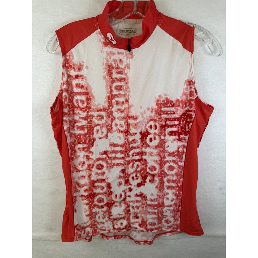 Sugoi Womens Full Zip Sleeveless Cycling Top Triathlon Red Graphic Letters Sz L